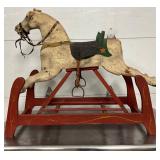 Wooden Rocking Horse with Painted Saddle and Red Frame