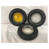 Three Tire-Themed Glass Ashtrays, Including Seiberling and Inoue, 6-Inch Diameter