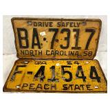 Vintage License Plates: North Carolina 1958 and Georgia 1954