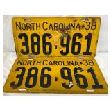 PAIR 1938 North Carolina License Plates – 386-961