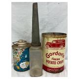 Glass Oil Bottle, Esso Thermos, and Gordon’s Potato Chips Tin