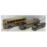 Three Tin Litho Toy Buses: Continental Trailways and Greyhound Models