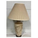 Table Lamp with Relief-Carved Floral Design and Pleated Shade, 8×29 Inches