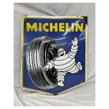 1939 Porcelain Michelin Man Sign with Tire Motif, Single-Sided, Self-Framed, 26 x 30 Inches