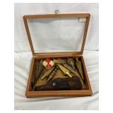 Brass Plumb Bob Weights with String in Wooden Case, 11×8″