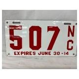 12×6 1914 North Carolina Porcelain License Plate #507