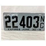 North Carolina 1916 Porcelain License Plate, Number 22403