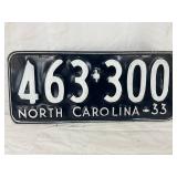 1933 North Carolina License Plate, Black with White Numbers, 14×5 1/2 Inches