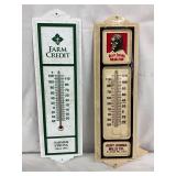 Two Vintage Thermometers: Aunt Jemima Metal and Farm Credit Plastic
