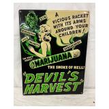 Embossed Metal ‘Devil’s Harvest’ Marijuana Sign, 13×17 Inches