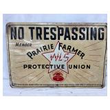 Tin Embossed ‘No Trespassing’ Sign, Prairie Farmer Protective Union, 12×8