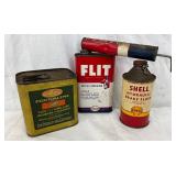 Three Vintage Cans: Flit ESSO, Pontoklene, and Shell 1 Pint and 12 oz