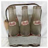Embossed Aluminum Pepsi-Cola 6-Pack Carrier with Double Dot Logo and 6 Glass Bottles