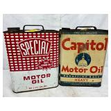 Vintage 2-Gallon Motor Oil Cans: Special Virgin Oil and Capitol Heavy Paraffin Base