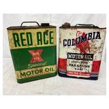 2-Gallon Vintage Motor Oil Cans: Red Ace and Columbia