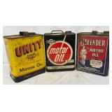 Three Vintage Two-Gallon Motor Oil Cans: Unity, Wearwell, and Defender