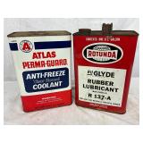Two 1-Gallon Tin Containers: Atlas Perma-Guard Anti-Freeze Coolant and Rotunda Ru-Glyde Rubber Lubri