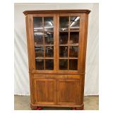 Walnut Corner Cabinet with 16 Pane Glass Doors and Drawer, 48 x 81 Inches
