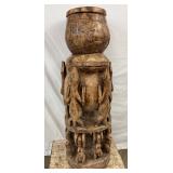 Carved African Wooden Rice Container with Lid and Figurative Motifs