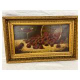 Still Life Oil on Canvas Attributed to AF King, Strawberries in Basket, 17 x 9 Inches