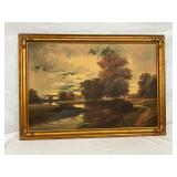 Landscape Oil Painting Titled ‘Winding Stream’ by A. Spencer, 36 x 24 in., Gilt Frame