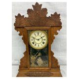Oak Mantel Clock with Reverse-Painted Glass Panel and Roman Numeral Dial