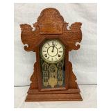 Carved Wood Mantel Clock with Reverse Painted Glass Panel