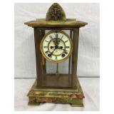 Brass and Green Onyx Mantel Clock with Glass Panels and Roman Numeral Dial