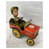 Tin Lithographed Wind-Up Toy Jeep, G.I. Joe by Unique Art, 7 x 7 Inches