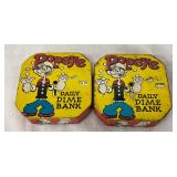 Two Popeye Daily Dime Banks, Tin, 2 1/2-Inch Square
