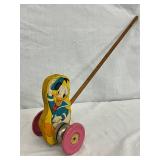 Donald Duck-Themed Wooden Pull Toy with Pink Wheels and Metal Accents