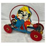 Vintage Wooden Push Toy with Double-Sided Clown and Dog Graphics, 12” x 9”