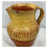 Hand-Painted Stoneware Pitcher with Inscription, Measuring 5” x 7”