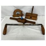 Vintage Woodworking Tools Including Wooden Spokeshave and Marking Gauges