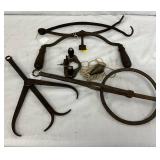 Iron and Steel Hand Tools Including Calipers, Brace, and Plumb Bob