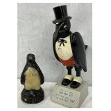 Painted Penguin Bank and Old Crow Figurine Pair