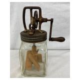 Vintage Glass Butter Churn with Hand-Crank Metal Lid and Wooden Paddles