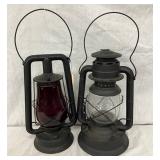 Dietz Oil Lanterns with Red and Clear Glass Globes