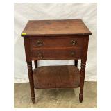 Wooden Two-Drawer Side Table with Lower Shelf and Turned Legs