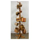 Wooden Basket Stand With Assorted Handmade Woven Baskets