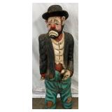 47in Hand-Carved Wooden Figure of a Sad Clown in Tattered Clothing