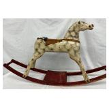 Early Hand-Painted Wooden Rocking Horse on Red Base, 42in x 24in
