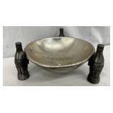 Metal Bowl Supported by Three Coca-Cola Bottle-Shaped Legs, 8in