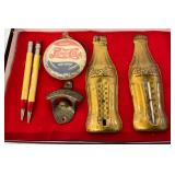 Pepsi-Cola & Coca-Cola  Collectibles Lot Including Bottle Thermometers, Bottle Opener, and Pens