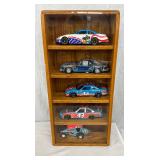 Five Die-Cast Race Cars in Oak Display Case, 11 x 24 Inches