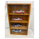 Oak Display Case Containing Four Die-Cast Model NASCAR Cars