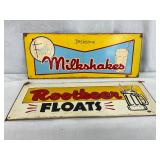 Two Tin Advertising Signs: ‘Frosty Milkshakes’ and ‘Root Beer Floats’