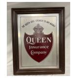 Framed Early Metal Tin Queen Insurance Company Sign, 22 1/2 x 28 1/2 Inches