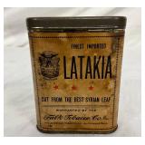 Early Latakia Cigarette Tin Can by Falk Tobacco Co., 3 1/2 x 4 1/2 Inches