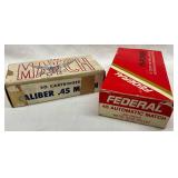 Two Boxes of .45 Caliber Ammunition: 1968 Match and Federal Hi-Power (100 Rounds Total)